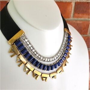 Stella & Dot “Natalie” Statement Necklace Reversible Black Leather Cobalt